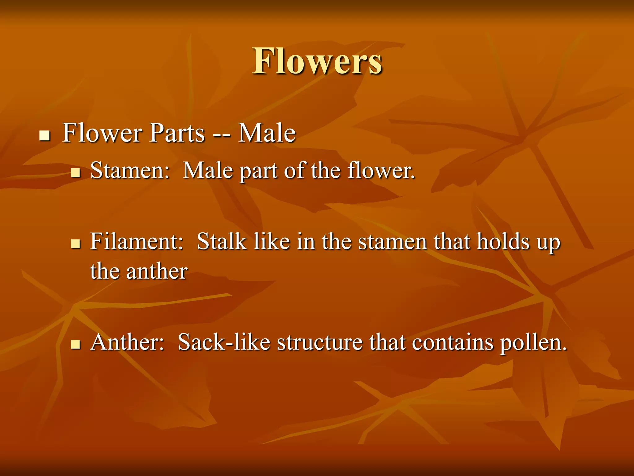 Flowers
 Flower Parts -- Male
 Stamen: Male part of the flower.
 Filament: Stalk like in the stamen that holds up
the anther
 Anther: Sack-like structure that contains pollen.
 