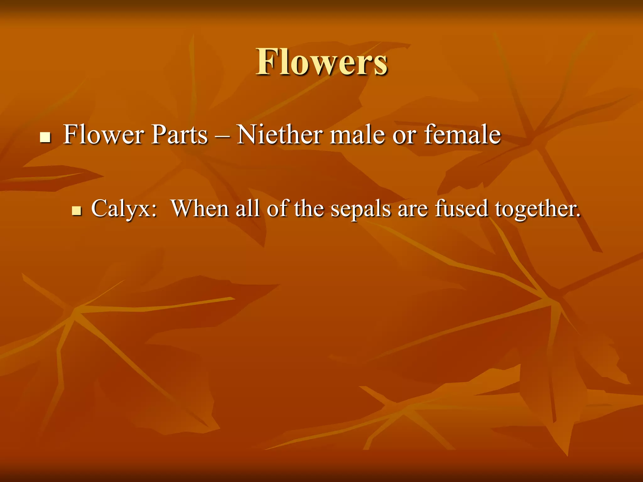 Flowers
 Flower Parts – Niether male or female
 Calyx: When all of the sepals are fused together.
 
