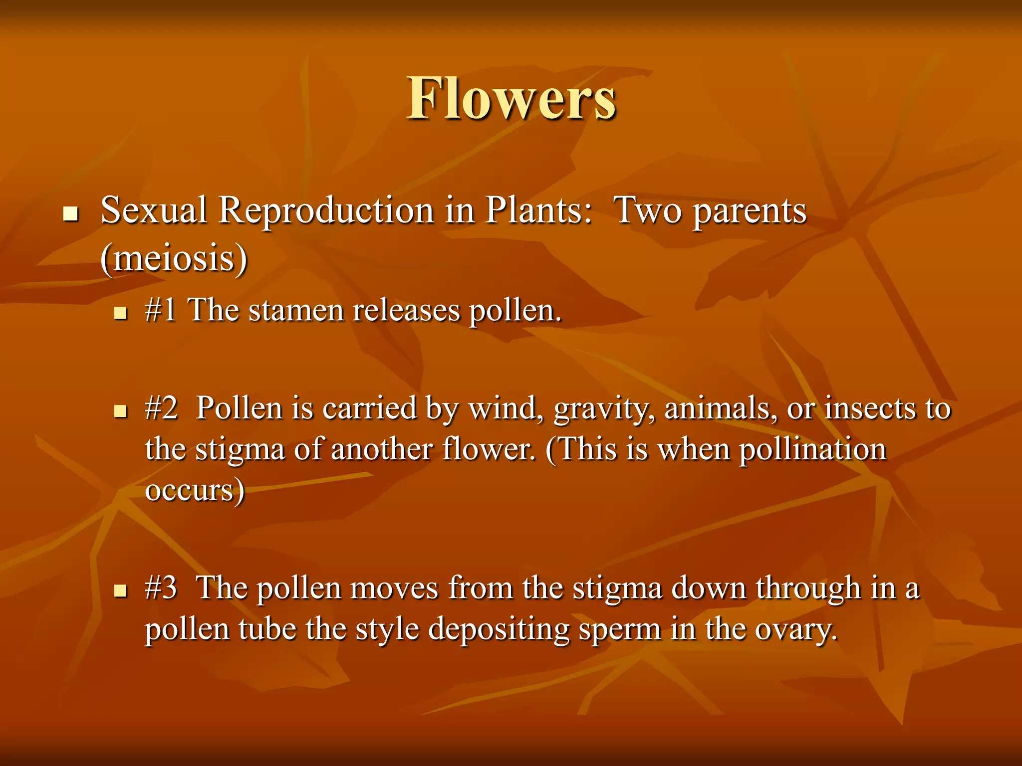 Flowers
 Sexual Reproduction in Plants: Two parents
(meiosis)
 #1 The stamen releases pollen.
 #2 Pollen is carried by wind, gravity, animals, or insects to
the stigma of another flower. (This is when pollination
occurs)
 #3 The pollen moves from the stigma down through in a
pollen tube the style depositing sperm in the ovary.
 
