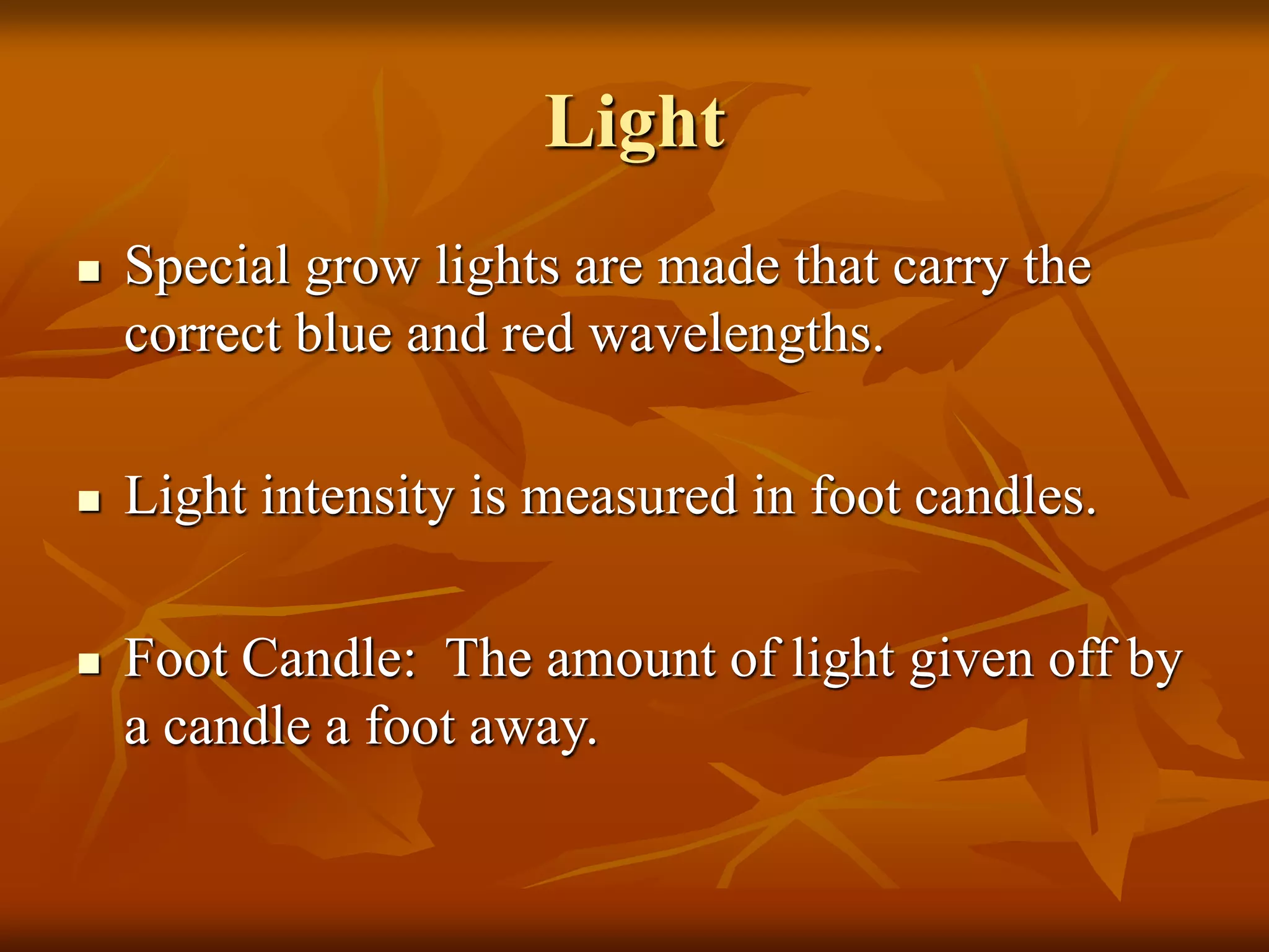 Light
 Special grow lights are made that carry the
correct blue and red wavelengths.
 Light intensity is measured in foot candles.
 Foot Candle: The amount of light given off by
a candle a foot away.
 