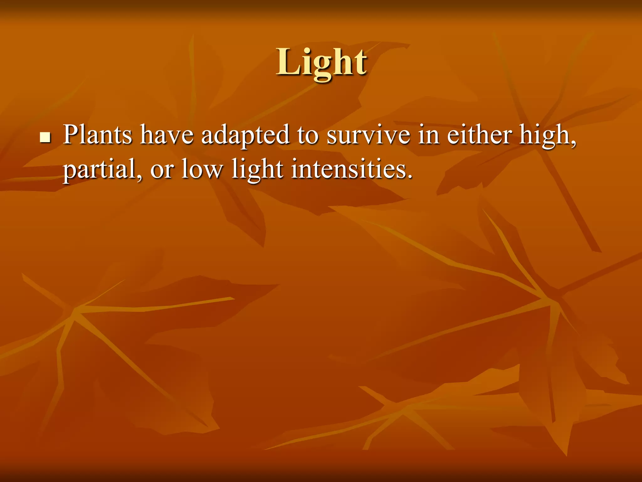 Light
 Plants have adapted to survive in either high,
partial, or low light intensities.
 