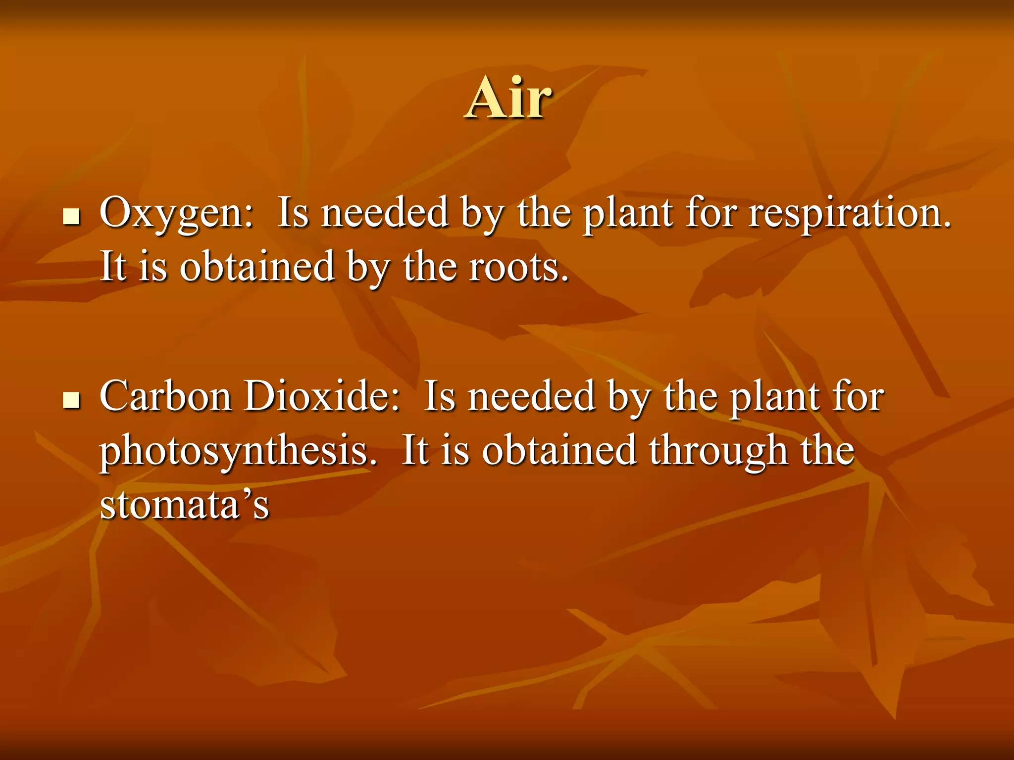 Air
 Oxygen: Is needed by the plant for respiration.
It is obtained by the roots.
 Carbon Dioxide: Is needed by the plant for
photosynthesis. It is obtained through the
stomata’s
 