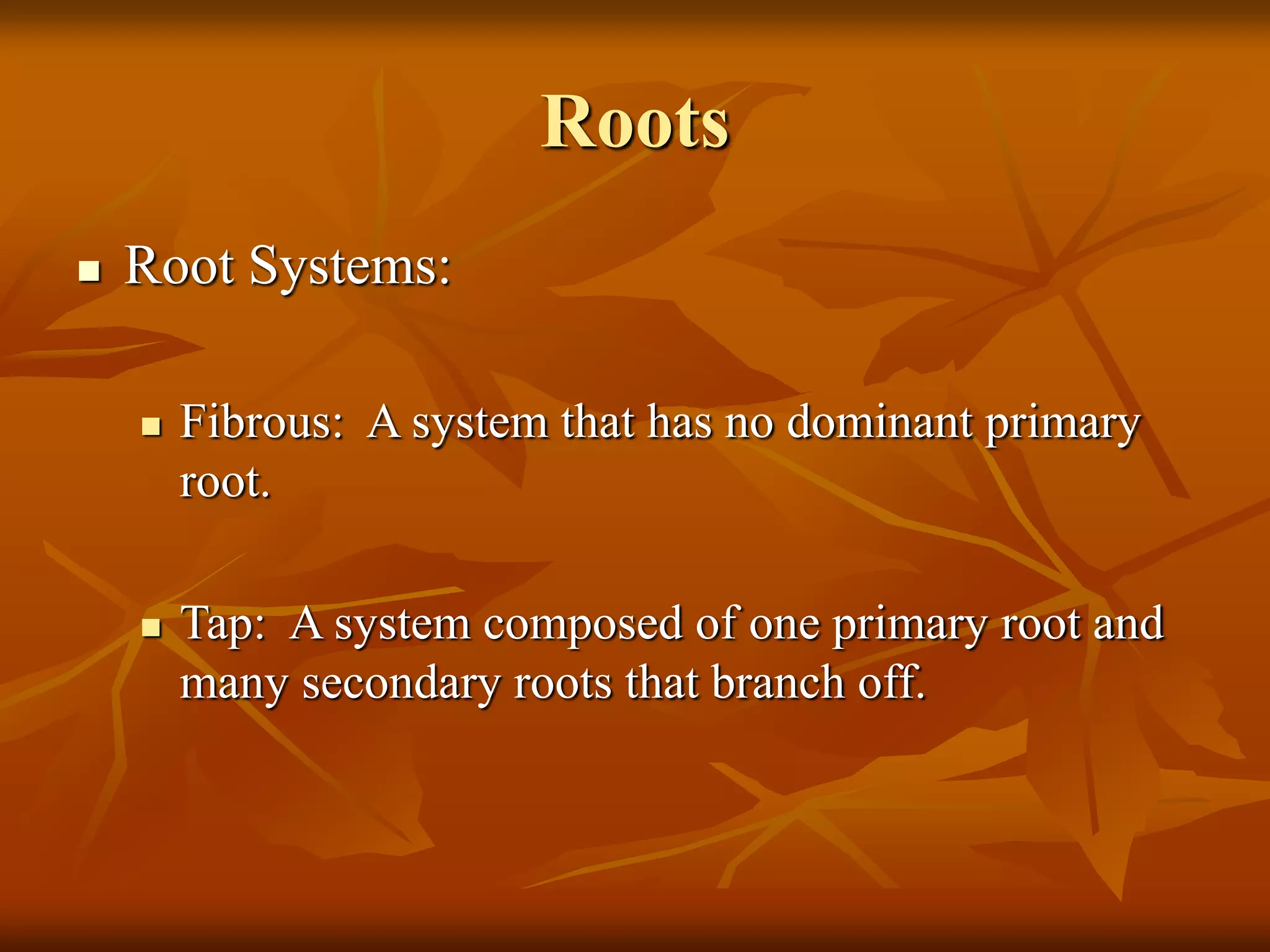 Roots
 Root Systems:
 Fibrous: A system that has no dominant primary
root.
 Tap: A system composed of one primary root and
many secondary roots that branch off.
 