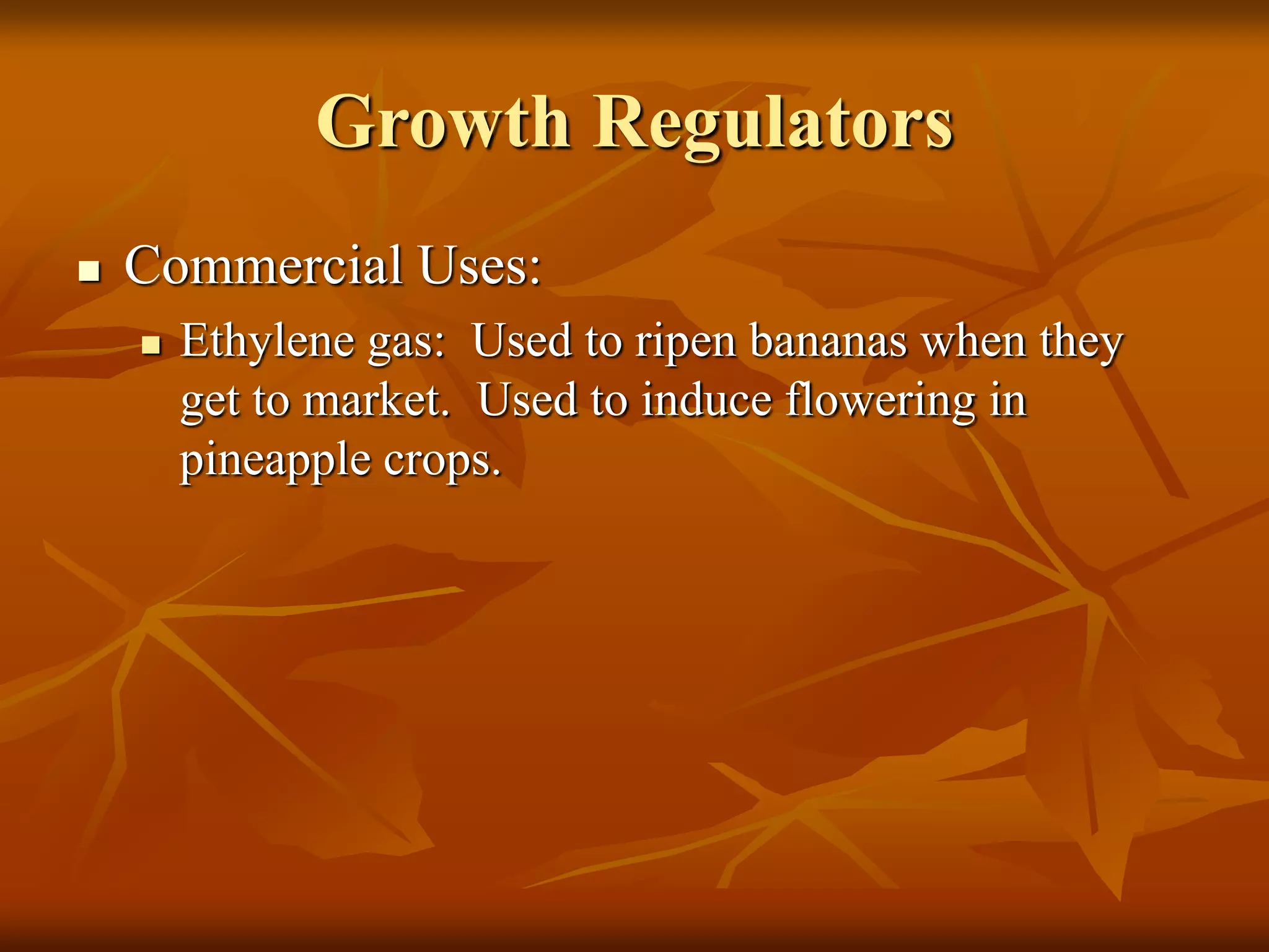 Growth Regulators
 Commercial Uses:
 Ethylene gas: Used to ripen bananas when they
get to market. Used to induce flowering in
pineapple crops.
 