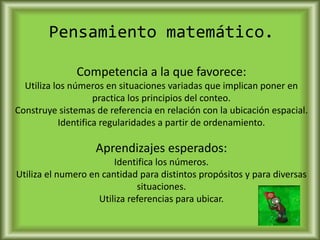 Pensamiento matemático.
Competencia a la que favorece:
Utiliza los números en situaciones variadas que implican poner en
practica los principios del conteo.
Construye sistemas de referencia en relación con la ubicación espacial.
Identifica regularidades a partir de ordenamiento.
Aprendizajes esperados:
Identifica los números.
Utiliza el numero en cantidad para distintos propósitos y para diversas
situaciones.
Utiliza referencias para ubicar.
 