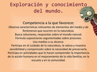 Exploración y conocimiento
del mundo.
Competencia a la que favorece:
Observa características relevantes de elementos del medio y de
fenómenos que ocurren en la naturaleza.
Busca soluciones, respuestas sobre el mundo natural.
Formula suposiciones argumentadas sobre procesos.
Usa medios a su alcance.
Participa en el cuidado de la naturaleza, la valora y muestra
sensibilidad y comprensión sobre la necesidad de preservarla.
Participa en actividades que le hacen comprender la importancia
de la acción humana en el mejoramiento de la vida familiar, en la
escuela y en la comunidad.
 