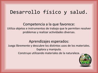 Desarrollo físico y salud.
Competencia a la que favorece:
Utiliza objetos e instrumentos de trabajo que le permiten resolver
problemas y realizar actividades diversas.
Aprendizajes esperados:
Juega libremente y descubre los distintos usos de los materiales.
Explora y manipula.
Construye utilizando materiales de la naturaleza.
 