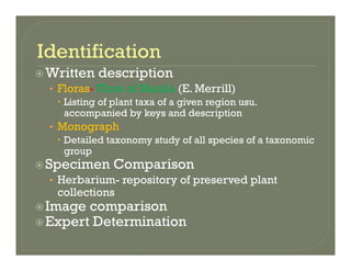 Written description
• Floras- Flora of Manila (E. Merrill)
Listing of plant taxa of a given region usu.
accompanied by keys and descriptionp y y p
• Monograph
Detailed taxonomy study of all species of a taxonomic
groupgroup
Specimen Comparison
• Herbarium- repository of preserved plant
collections
Image comparison
Expert DeterminationExpert Determination
 