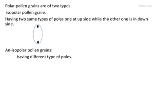 Polar pollen grains are of two types
isopolar pollen grains
Having two same types of poles one at up side while the other one is in down
side.
An-isopolar pollen grains:
having different type of poles.
SIMM J AN
 