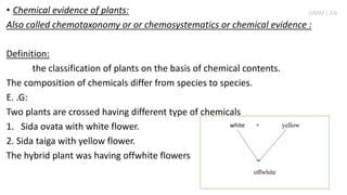 • Chemical evidence of plants:
Also called chemotaxonomy or or chemosystematics or chemical evidence :
Definition:
the classification of plants on the basis of chemical contents.
The composition of chemicals differ from species to species.
E. .G:
Two plants are crossed having different type of chemicals
1. Sida ovata with white flower.
2. Sida taiga with yellow flower.
The hybrid plant was having offwhite flowers
white × yellow
offwhite
SIMM J AN
 