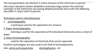 The next generation was diierent in colour because of the chemicals in parents
Like ovata sida plant contain dehplidine and ovata taiga contain the chemical
cytnnidin so the hybrid one was having deliphicyanonidin due to this the offspring
was differ in colour with its parents
Techniques used in chemtaxonomy:
1. chromatography:
a technique used for the separation of a mixture.
2. Paper chromatography:
technique used for the separation of the dissolved chemicals across a sheet of
paper.
3. Glass chromatography:
used for the separation of chemicals that can be vaporized.
Another technologies are also used in the field of chemotaxonomy
Like: amino acid sequencing electrophoresis, etc
SIMM J AN
 
