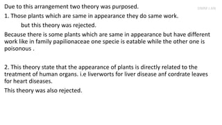 Due to this arrangement two theory was purposed.
1. Those plants which are same in appearance they do same work.
but this theory was rejected.
Because there is some plants which are same in appearance but have different
work like in family papilionaceae one specie is eatable while the other one is
poisonous .
2. This theory state that the appearance of plants is directly related to the
treatment of human organs. i.e liverworts for liver disease anf cordrate leaves
for heart diseases.
This theory was also rejected.
SIMM J AN
 