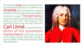 The ancient Greeks were among the first
to write about plants in a scientific way.
Aristotle believed plants ranked
between animals and inanimate objects.
Aristotle’s pupil Theophrastus
wrote two books about plants that still
were in use in the 15th century. The
Swedish physician-turned-botanist
Carl Linnéis considered the
father of the systematic
nomenclature, which he invented
in the 18th century and still is used to
give scientific names to all species, plant
and otherwise.
 