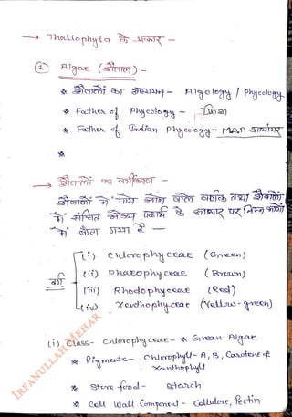 hllophyta
<br>
Plgae (o)
<br>
Sanj EN- Algole/ Pycolog
<br>
ti) chovo phyceae (Green)
<br>
(ii)
<br>
(tii)
<br>
Leiw
<br>
phaueopwy ceae.
<br>
Rhodophyeeae
<br>
Xeudhophcear (Yells-greeh)
<br>
Psymets-
<br>
Stre
<br>
(3Ywn)
<br>
(() class- choropy ceoe- Gren
<br>
frol
<br>
(Red)
<br>
tarch
<br>
an Algae
<br>
Choroply- A, B, Carotene t
<br>
Xaundhopwyu
<br>
Uall Componet - callutose, Pechin
<br>
 