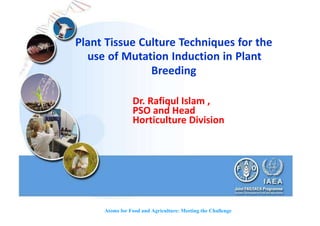 Atoms for Food and Agriculture: Meeting the Challenge
Plant Tissue Culture Techniques for the
use of Mutation Induction in Plant
Breeding
Dr. Rafiqul Islam ,
PSO and Head
Horticulture Division
 