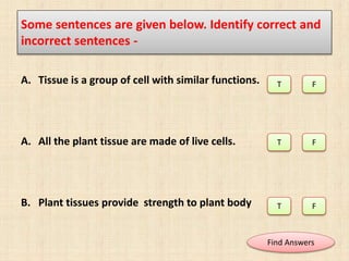 Some sentences are given below. Identify correct and
incorrect sentences -
A. Tissue is a group of cell with similar functions.
A. All the plant tissue are made of live cells.
B. Plant tissues provide strength to plant body
T F
T
F
F
T
Find Answers
 