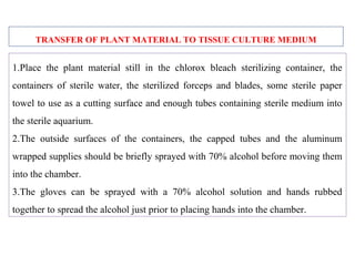 1.Place the plant material still in the chlorox bleach sterilizing container, the
containers of sterile water, the sterilized forceps and blades, some sterile paper
towel to use as a cutting surface and enough tubes containing sterile medium into
the sterile aquarium.
2.The outside surfaces of the containers, the capped tubes and the aluminum
wrapped supplies should be briefly sprayed with 70% alcohol before moving them
into the chamber.
3.The gloves can be sprayed with a 70% alcohol solution and hands rubbed
together to spread the alcohol just prior to placing hands into the chamber.
TRANSFER OF PLANT MATERIAL TO TISSUE CULTURE MEDIUM
 