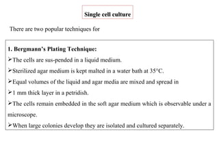 1. Bergmann’s Plating Technique:
The cells are sus-pended in a liquid medium.
Sterilized agar medium is kept malted in a water bath at 35°C.
Equal volumes of the liquid and agar media are mixed and spread in
1 mm thick layer in a petridish.
The cells remain embedded in the soft agar medium which is observable under a
microscope.
When large colonies develop they are isolated and cultured separately.
There are two popular techniques for
Single cell cultureSingle cell culture
 