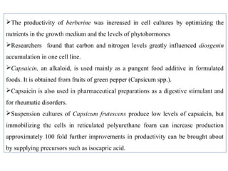 The productivity of berberine was increased in cell cultures by optimizing the
nutrients in the growth medium and the levels of phytohormones
Researchers found that carbon and nitrogen levels greatly influenced diosgenin
accumulation in one cell line.
Capsaicin, an alkaloid, is used mainly as a pungent food additive in formulated
foods. It is obtained from fruits of green pepper (Capsicum spp.).
Capsaicin is also used in pharmaceutical preparations as a digestive stimulant and
for rheumatic disorders.
Suspension cultures of Capsicum frutescens produce low levels of capsaicin, but
immobilizing the cells in reticulated polyurethane foam can increase production
approximately 100 fold further improvements in productivity can be brought about
by supplying precursors such as isocapric acid.
 