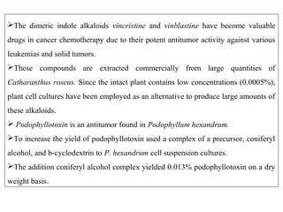 The dimeric indole alkaloids vincristine and vinblastine have become valuable
drugs in cancer chemotherapy due to their potent antitumor activity against various
leukemias and solid tumors.
These compounds are extracted commercially from large quantities of
Catharanthus roseus. Since the intact plant contains low concentrations (0.0005%),
plant cell cultures have been employed as an alternative to produce large amounts of
these alkaloids.
 Podophyllotoxin is an antitumor found in Podophyllum hexandrum.
To increase the yield of podophyllotoxin used a complex of a precursor, coniferyl
alcohol, and b-cyclodextrin to P. hexandrum cell suspension cultures.
The addition coniferyl alcohol complex yielded 0.013% podophyllotoxin on a dry
weight basis.
 