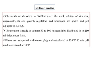 Chemicals are dissolved in distilled water. the stock solution of vitamins,
micro-nutrients and growth regulators and hormones are added and pH
adjusted to 5.5-6.5.
The solution is made to volume 50 to 100 ml quantities distributed in to 250
ml Erlenmeyer flask.
Flasks are supported with cotton plug and autoclaved at 120°C 15 min ,all
media are stored at 10°C.
Media preparation
 