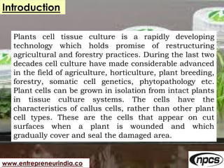 www.entrepreneurindia.co
Introduction
Plants cell tissue culture is a rapidly developing
technology which holds promise of...