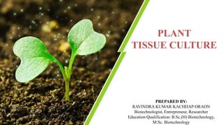 PLANT
TISSUE CULTURE
PREPARED BY:
RAVINDRA KUMAR KACHHAP ORAON
Biotechnologist, Entrepreneur, Researcher
Education Qualification: B.Sc.(H) Biotechnology,
M.Sc. Biotechnology
 
