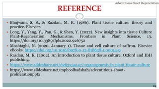 REFERENCE
 Bhojwani, S. S., & Razdan, M. K. (1986). Plant tissue culture: theory and
practice. Elsevier.
 Long, Y., Yang, Y., Pan, G., & Shen, Y. (2022). New insights into tissue Culture
Plant-Regeneration Mechanisms. Frontiers in Plant Science, 13.
https://doi.org/10.3389/fpls.2022.926752
 Moshtaghi, N. (2020, January 1). Tissue and cell culture of saffron. Elsevier
eBooks. https://doi.org/10.1016/b978-0-12-818638-1.00014-9
 Razdan, M. K. (2002). An introduction to plant tissue culture. Oxford and IBH
publishing.
 https://www.slideshare.net/6263234147/organogenesis-in-plant-tissue-culture
 https://www.slideshare.net/mphoolbadshah/adventitious-shoot-
proliferationpptx
Adventitious Shoot Regeneration…
24
 