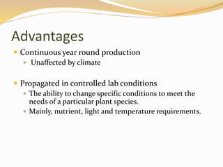 Advantages
 Continuous year round production
 Unaffected by climate
 Propagated in controlled lab conditions
 The ability to change specific conditions to meet the
needs of a particular plant species.
 Mainly, nutrient, light and temperature requirements.
 
