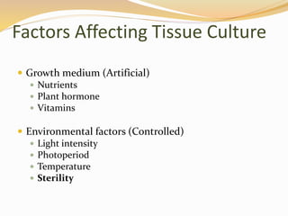 Factors Affecting Tissue Culture
 Growth medium (Artificial)
 Nutrients
 Plant hormone
 Vitamins
 Environmental factors (Controlled)
 Light intensity
 Photoperiod
 Temperature
 Sterility
 