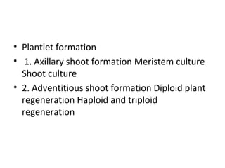 • Plantlet formation
• 1. Axillary shoot formation Meristem culture
Shoot culture
• 2. Adventitious shoot formation Diploid plant
regeneration Haploid and triploid
regeneration
 