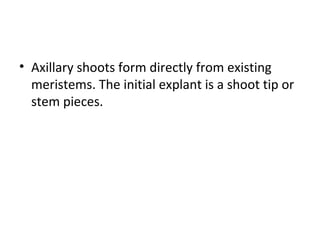 • Axillary shoots form directly from existing
meristems. The initial explant is a shoot tip or
stem pieces.
 