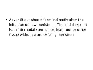 • Adventitious shoots form indirectly after the
initiation of new meristems. The initial explant
is an internodal stem piece, leaf, root or other
tissue without a pre-existing meristem
 
