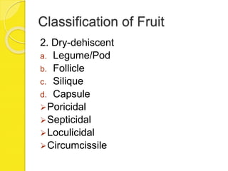 Classification of Fruit
2. Dry-dehiscent
a. Legume/Pod
b. Follicle
c. Silique
d. Capsule
Poricidal
Septicidal
Loculicidal
Circumcissile
 