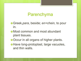 Parenchyma
Greek,para, beside; en+chein, to pour
in.
Most common and most abundant
plant tissues.
Occur in all organs of higher plants.
Have long-protoplast, large vacuoles,
and thin walls.
 