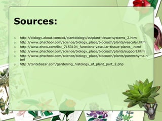 Sources:
o http://biology.about.com/od/plantbiology/ss/plant-tissue-systems_2.htm
o http://www.phschool.com/science/biology_place/biocoach/plants/vascular.html
o http://www.ehow.com/list_7153104_functions-vascular-tissue-plants_.html
o http://www.phschool.com/science/biology_place/biocoach/plants/support.html
o http://www.phschool.com/science/biology_place/biocoach/plants/parenchyma.h
tml
o http://tantebazar.com/gardening_histology_of_plant_part_2.php
 