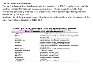 The success of bombardment:
The particle bombardment technique was first introduced in 1987. It has been successfully
used for the transformation of many cereals, e.g. rice, wheat, maize. In fact, the first
commercial genetically modified (CM) crops such as maize containing Bt-toxin gene were
developed by this approach.
A selected list of the transgenic plants (developed by biolistics) along with the sources of the
plant materials used is given in Table 49.2.
 