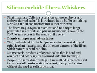 Silicon carbide fibres-Whiskers
 Plant materials (Cells in suspension culture, embryos and
embryo-derived callus) is introduced into a buffer containing
DNA and the silicon fibers which is then vortexed.
 The fibers (0.3-0.6 μm in diameter and 10-100μm long)
penetrate the cell wall and plasma membrane, allowing the
DNA to gain access to the inside of the cells.
 Disadvantages and advantages
 The drawbacks of this technique relate to the availability of
suitable plant material and the inherent dangers of the fibers,
which require careful handing.
 Many cereals, produce embryonic callus that is hard and
compact and not easily transformed with this technique.
 Despite the some disadvantages, this method is recently used
for successful transformation of wheat, baerly, and maize
without the need to cell suspension.
 