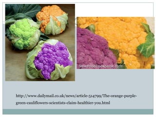 http://www.dailymail.co.uk/news/article-514799/The-orange-purple-
green-cauliflowers-scientists-claim-healthier-you.html
 