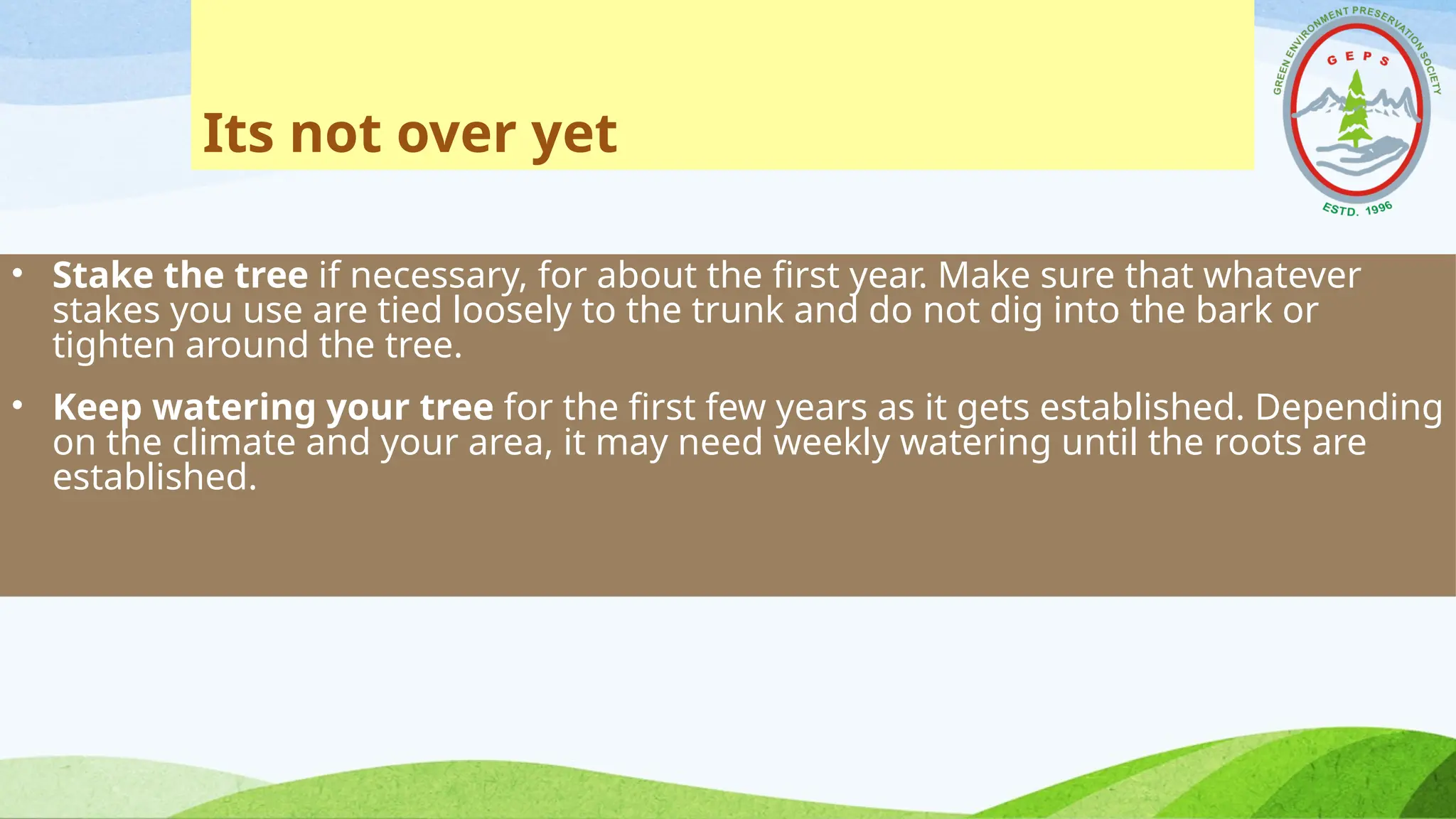 Its not over yet
• Stake the tree if necessary, for about the first year. Make sure that whatever
stakes you use are tied loosely to the trunk and do not dig into the bark or
tighten around the tree.
• Keep watering your tree for the first few years as it gets established. Depending
on the climate and your area, it may need weekly watering until the roots are
established.
 