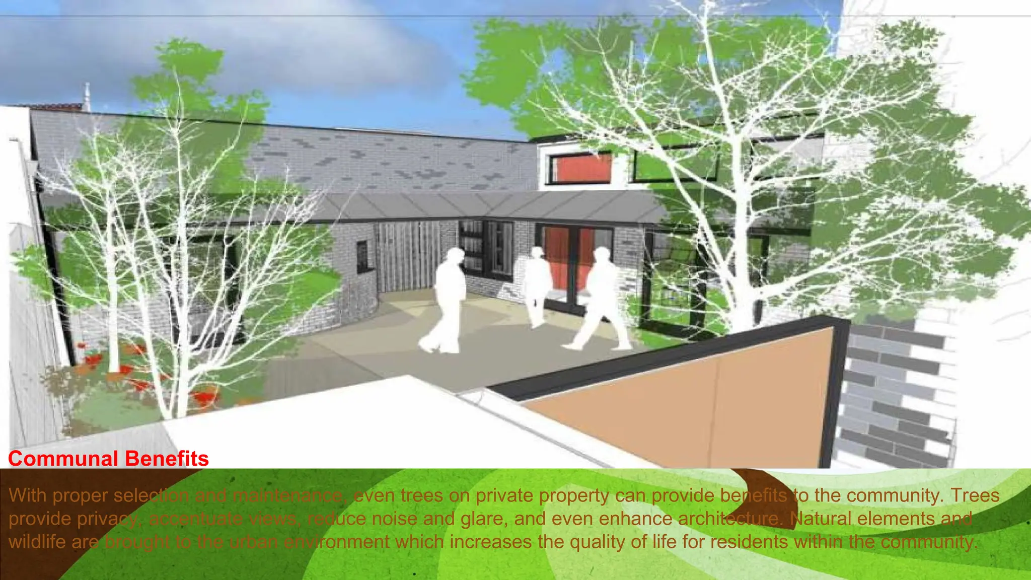 With proper selection and maintenance, even trees on private property can provide benefits to the community. Trees
provide privacy, accentuate views, reduce noise and glare, and even enhance architecture. Natural elements and
wildlife are brought to the urban environment which increases the quality of life for residents within the community.
Communal Benefits
 