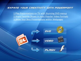 1.Play Presentations on TV with Stunning DVD menus
2.Share Favorite Shows in most Popular Video Formats
3.Show Your Best Presentations within Webpages
 