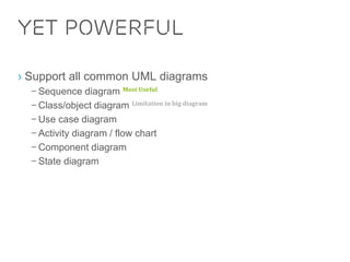 Yet Powerful 
› Support all common UML diagrams 
– Sequence diagram Most Useful 
– Class/object diagram Limitation in big diagram 
– Use case diagram 
– Activity diagram / flow chart 
– Component diagram 
– State diagram 
 
