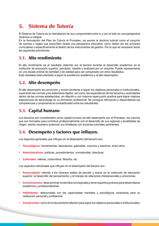 5. Sistema de Tutoría 
El Sistema de Tutoría es la interrelación de sus componentes entre sí y con el todo en una perspectiva 
dinámica e integral. 
En la formulación del Plan de Tutoría el Pronabec, se asume la doctrina tutorial como el conjunto 
de normas o reglas que prescriben desde una perspectiva educativa, cómo deben ser las acciones 
curriculares y específicamente el diseño de los instrumentos de gestión. Por lo que es necesario hacer 
las siguientes precisiones: 
5.1. Alto rendimiento 
El alto rendimiento es el resultado obtenido por el becario durante el desarrollo académico en la 
institución de educación superior; percibido, medido y evaluado por un docente. Puede representarse 
en una escala ordinal de cantidad o de calidad para ser comparada con otros resultados. 
Este resultado está orientado a lograr la excelencia académica y el alto desempeño. 
5.2. Alto desempeño 
El alto desempeño es convicción y acción tendiente a lograr los objetivos personales e institucionales, 
superando las normas y los estándares fijados; así como, las expectativas de los becarios y autoridades 
dentro de las normas establecidas, sin dilación y con máxima repercusión positiva para lograr mejores 
experiencias de aprendizaje en su formación profesional. Se consigue reforzando y desarrollando las 
competencias y propiciando la competitividad entre los estudiantes. 
5.3. Capital humano 
Los becarios son considerados como capital humano de alto desempeño por el Pronabec, los mismos 
que son formados para contribuir profesionalmente con el desarrollo de sus regiones y localidades de 
origen; siendo necesario potenciar sus fortalezas con acciones tutoriales pertinentes. 
5.4. Desempeño y factores que influyen. 
Los aspectos generales que influyen en el desempeño del becario son: 
• Tecnológicos: herramientas, laboratorios, gabinetes, insumos y reactivos, entre otros. 
• Administrativos: políticas, procedimientos, normatividad, directivas. 
• Culturales: valores, costumbres, filosofía, etc. 
Los aspectos individuales que influyen en el desempeño del becario son: 
• Personalidad: referida a los diversos estilos de percibir y actuar en la institución de educación 
superior; al desarrollo del pensamiento; y al manejo de relaciones interpersonales y emociones. 
• Conocimientos: debe dominar contenidos conceptuales y tener experticia práctica para desarrollarse 
académica y profesionalmente. 
• Habilidades: relacionadas con las capacidades mentales y psicológicas necesarias para su 
realización personal y profesional. 
• Compromiso: como el involucramiento afectivo para lograr los objetivos personales e institucionales; 
 