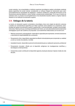 • Área de Tutoría Pronabec • 
• 40 
cursan estudios. Las universidades e institutos superiores tecnológicos realizan actividades mediante 
planes específicos de acción tutorial, considerando un enfoque integral de intervención para cubrir 
primordialmente las necesidades de adaptación, nivelación académica y desarrollo del becario en las 
dimensiones personal (afectivo), social, familiar y proyecciones profesionales. Por lo que, la tutoría se 
entiende como un proceso de acompañamiento a los estudiantes becados desde su ingreso hasta la 
titulación en la institución de educación superior. 
5.9. Enfoque de la tutoría 
La tutoría, en educación superior universitaria y tecnológica, tiene como objeto de atención a jóvenes 
y adultos con características específicas por haber superado varios estadíos en su trayectoria, como: 
pruebas de ingreso a la educación superior, experiencias y vivencias laborales, sociales y emocionales, 
entre otras. Razón por la que, el enfoque del Sistema de Tutoría, se nutre adicionalmente de fundamentos 
andragógicos que le dan sustento a la propuesta. Los fundamentos relacionados con la tutoría son: 
• Madurez emocional y autorregulación: desarrolla la capacidad para expresarse, tomando decisiones 
y asumiendo la responsabilidad de su actuación. 
• Pensamiento crítico: desarrolla la capacidad de reflexión del estudiante para comprender su realidad 
y la de su mundo circundante y mundial. 
• Autodeterminación: desarrolla la autonomía del estudiante para su realización personal y profesional 
• Pensamiento innovador: influido por el desarrollo vertiginoso de investigaciones científicas y 
tecnológicas contemporáneas. 
• Compromiso social: contribución al desarrollo regional y local para alcanzar mejores niveles de vida 
del país. 
 