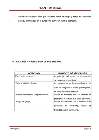 PLAN TUTORIAL


      -   Dinámicas de grupo. Para que se sienta parte del grupo y tenga motivaciones

          para su continuidad en el curso y no sufrir un posible abandono.




   4. ACCIONES Y CALENDARIO DE LOS MISMOS.




                   ACTIVIDAD                         MOMENTO DE APLICACIÓN
      Entrevista personal.                       Al principio del curso, en el momento

                                                 de detectar el problema.
      Tutoría individualizada.                   Al comienzo se harán semanalmente, en

                                                 caso de mejoría y poder postergarse,

                                                 se hará de forma mensual.
      Aporte de material complementario.         Desde el momento que se detecta el

                                                 problema. Y se hará a lo largo del curso
      Apoyo del grupo.                           Desde el comienzo, en el momento de

                                                 detectar    el   problema,    hasta   la

                                                 finalización del curso AFD.




Sony Rguez.                                                                      Página 3
 