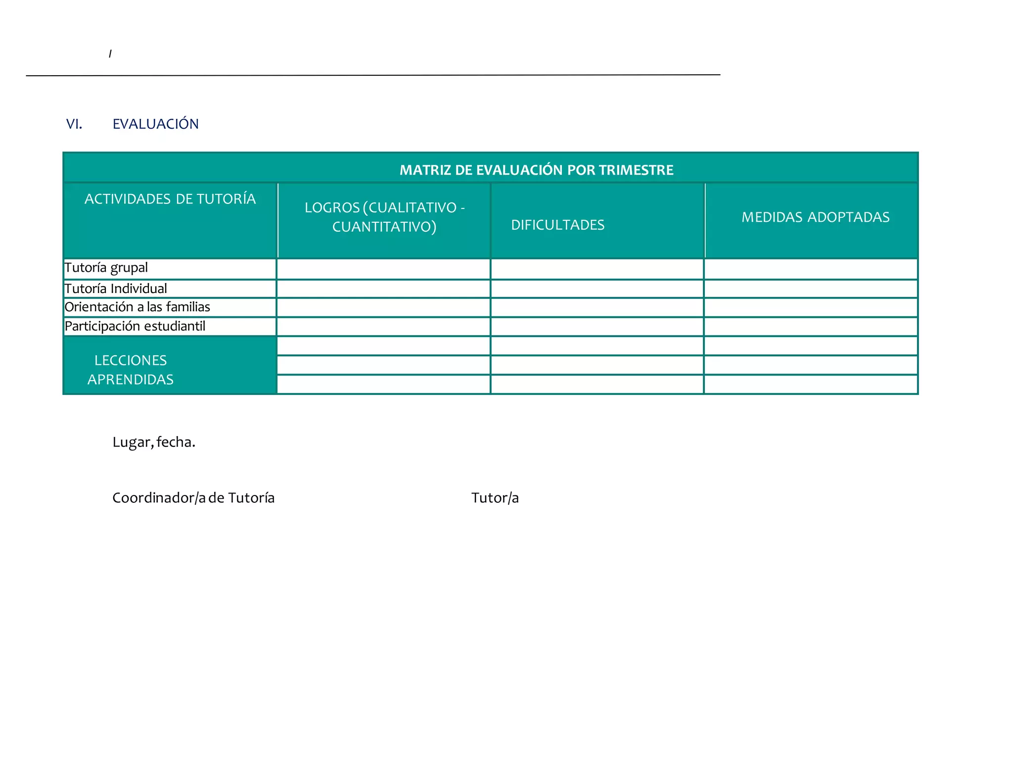 I
VI. EVALUACIÓN
MATRIZ DE EVALUACIÓN POR TRIMESTRE
ACTIVIDADES DE TUTORÍA
LOGROS (CUALITATIVO -
CUANTITATIVO) DIFICULTADES
MEDIDAS ADOPTADAS
Tutoría grupal
Tutoría Individual
Orientación a las familias
Participación estudiantil
LECCIONES
APRENDIDAS
Lugar,fecha.
Coordinador/ade Tutoría Tutor/a
 