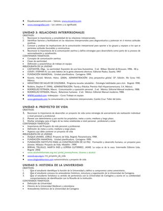 •    Elquebuscaencuentra.com – Valores- www.encuentra.com
•    www.monografías.com – Los valores y su significado


UNIDAD 3: RELACIONES INTERPERSONALES
OBJETIVOS:
1.   Reconocer la importancia y complejidad de las relaciones interpersonales.
2. Identificar barreras y facilitadores en las relaciones interpersonales para diagnosticarlos y potenciar en sí mismos actitudes
     positivas.
3. Conocer y analizar las implicaciones de la comunicación interpersonal para aportar a los grupos y equipos a los que se
     pertenece actitudes favorables y constructivas.
4. Reconocer la importancia de la comunicación asertiva y define estrategias para desarrollarla como parte de su proceso de
     autorrealización y socialización.
CONTENIDOS TEMÁTICOS:
•    Concepto de comunicación asertiva.
•    Clases de asertividad.
•    Definición y características de trabajo en equipo
BIBLIOGRAFÍA DE LA UNIDAD
•    CASTANYER, Olga. La asertividad: Expresión de una Sana Autoestima. 3 ed. Bilbao: Descleé de Brouwer, 1996. 48 p.
•    COVEY, STEPHEN R. Los siete hábitos de la gente altamente efectivas: Editorial Piados, España. 1997
•    FUNDACIÓN MAMONAL. Unidad planificadora. Cartagena: 1999.
•    Koontz, Harold, Weirich, Heinz. (2004). ADMINISTRACIÓN. Una perspectiva global. 12ª. Edición. Mc Graw Hill,
     México.
•    MINISTERIO DE SALUD DE COLOMBIA. Programa escuelas saludables – Estrategia habilidades para vivir. Bogotá: 1998.
•    Robbins, Stephen P. (1994). ADMINISTRACIÓN. Teoría y Práctica. Prentice Hall Hispanoamericana, S.A. México.
•    RODRÍGUEZ ESTRADA, Mauro. Comunicación y superación personal. 2 ed. México: Editorial Manual moderno, 1988.
•    RODRÍGUEZ ESTRADA, Mauro. Relaciones humanas. 2 ed. México: Editorial Manual moderno, 1988.
•    WWW.aulafácil.com -trabequipo – Curso Trabajo en equipo
•    www.gestiopolis.com La comunicación y las relaciones interpersonales. Camilo Cruz- Taller del éxito.


UNIDAD 4: PROYECTO DE VIDA
OBJETIVOS:
1.   Reconocer la importancia de desarrollar un proyecto de vida como estrategia de acercamiento ala realización individual
     a nivel personal y profesional.
2. Planear con detenimiento y por escrito los propósitos, metas a corto, mediano y largo plazo.
3. Diseñar estrategias para el logro de las metas establecidas a nivel personal, profesional y social.
CONTENIDOS TEMÁTICOS:
•    Importancia del Proyecto de vida personal y profesional.
•    Definición de metas a corto, mediano y largo plazo.
•    Aspectos que debe contener un proyecto de vida
BIBLIOGRAFÍA DE LA UNIDAD
•    DUQUE LINARES, JORGE. Proyecto de Vida. Bogotá: Panamericana, 1998 .
•    FUNDACIÓN MAMONAL. Unidad planificadora. Cartagena: 1999.
•    FUNDACIÓN INSTITUTO PARA LA CONSTRUCCIÓN DE LA PAZ. Formación y desarrollo humano, un proyecto para
     jóvenes. Módulo: Proyecto de Vida. Medellín : 1999.
•    BERNAL TRUJILLO, MARTA INES y LOPERA GUTIERREZ, JAIME. La culpa es de la vaca. Intermedio Editores Ltda.
     Bogotá 2002
•    www.alcoholinformate.org.mx/ portal_jovenes/home. Jóvenes y alcohol
•    www2.ops.org.sv /mi_proyecto_de_vida
•    www.elsiglodeltorreon.com autoconciencia y proyecto de vida

UNIDAD 5: HISTORIA DE LA UNIVERSIDAD
OBJETIVOS:
1.     Que el estudiante identifique la función de la Universidad y defina su compromiso como universitario.
2.     Que el estudiante conozca los antecedentes históricos, estructura y organización de la Universidad de Cartagena.
3.     Que el estudiante fortalezca su sentido de pertenencia con la Universidad de Cartagena y asuma en su cotidianidad
       comportamientos de identificación con la filosofía de la institución.
CONTENIDOS TEMÁTICOS:
•   Definición de Universidad
•   Historia de la Universidad Medieval y colombiana
•   Antecedentes históricos de la Universidad de Cartagena
 