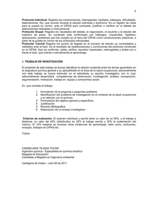 6

Protocolo Individual. Registra las comprensiones, interrogantes, hipótesis, hallazgos, dificultades,
elaboraciones. Etc, que ocurren durante el estudio individual y autónomo. Es un registro de notas
para la puesta en común, ante el CIPAS para contrastar, justificar o verificar en el debate las
elaboraciones realizadas a nivel personal.
Protocolo Grupal. Registra los resultados del debate, la negociación, el acuerdo y el estudio del
colectivo de pares. Su contenido esta conformado por hallazgos, inquietudes, hipótesis,
aplicaciones, problemas que han surgido en el seno del CIPAS como construcciones colectivas, a
partir de la puesta en común de los protocolos individuales.
Protocolo Tutorial Registra los puntos de llegada en el proceso de estudio ya contrastados y
validados ante el tutor. Es el resultado de reelaboraciones y correcciones del protocolo construido
en el CIPAS. Aquí se confronta, valida, verifica, resuelve inquietudes, interrogantes y dudas con o
frente al tutor, que orienta o retroalimenta el aprendizaje.


5. TRABAJO DE INVESTIGACIÓN

El propósito de este trabajo es buscar identificar la relación existente entre los temas aprendidos en
la asignatura química general y su aplicabilidad en el área de la salud ocupacional, adicionalmente
con este trabajo se busca estimular en el estudiante su espíritu investigativo con lo cual,
adicionalmente desarrollará competencias de observación, investigación, análisis, comparación,
argumentación, motivación, trabajo en equipo y compromiso social.

En que consiste el trabajo:

            1. formulación de la pregunta o preguntas problema
            2. Identificación del problema de investigación en el contexto de la salud ocupacional
               y su relación con la química.
            3. Formulación del objetivo general y específicos
            4. Justificación
            5. Revisión Bibliografica
            6. Elaboración de un ensayo investigativo


 Criterios de evaluación. El examen individual y escrito tiene un valor de un 50%, y el trabajo a
distancia, un valor del 40% (distribuidos en 20% el trabajo escrito y 20% la sustentación del
mismo). El 10% restante se tomaran otras evidencias de aprendizaje, tales como, protocolos,
ensayos, trabajos en CIPAS etc.

Tutora,




CANDELARIA TEJADA TOVAR
Ingeniera química - Especialista en química analítica
Magistra en Educación
Candidata a Magistra en Ingeniería ambiental

Cartagena de Indias – Julio 26 de 2011
 