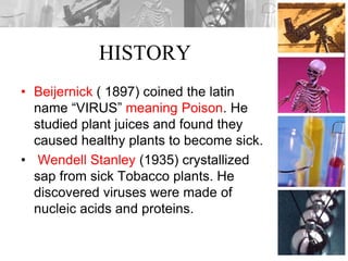 HISTORY
• Beijernick ( 1897) coined the latin
name “VIRUS” meaning Poison. He
studied plant juices and found they
caused healthy plants to become sick.
• Wendell Stanley (1935) crystallized
sap from sick Tobacco plants. He
discovered viruses were made of
nucleic acids and proteins.
 